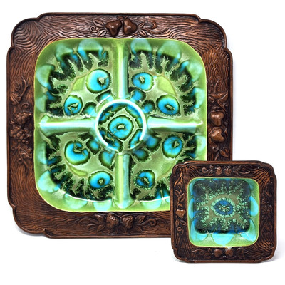Vintage 1960s TREASURE CRAFT Appetizer Tray PLATTER DIP BOWL SET Aqua Green Blue-image