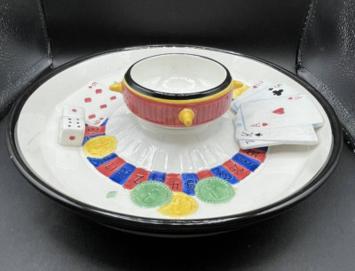 Casino Themed Linens & Things Hand Painted Snack & Dip Tray/Plate A0200 Vintage-image