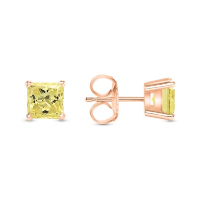 3 Ct Princess Canary Earrings Studs 14K Rose Gold Created Diamond Push Back-image