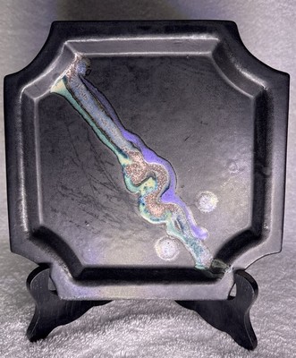 Kathleen Lesueur Pottery Trinket Tray Raku Signed 8.5 x 8.5” Dark Charcoal Grey-image