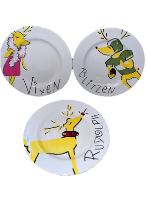 Set 3 Pottery Barn Kids Melamine Christmas Reindeer Plates Rudolph Blitzen Cupid-image