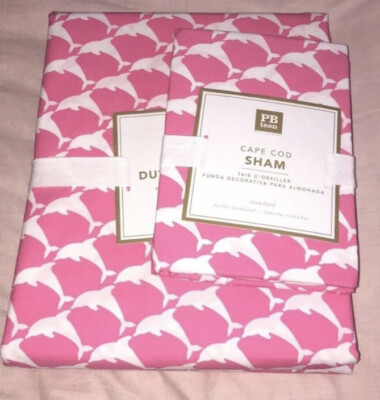Pottery Barn Cape Cod Teen Kid Twin Duvet Cover Sham Set Pink White Dolphin New-image