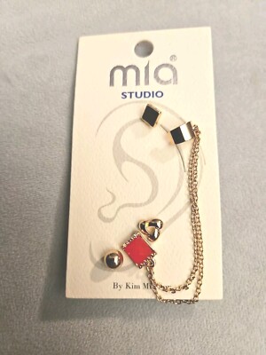 Mia Studio Red stone Stud Earring with Ear Cuff attached and 3 Studs - New-image