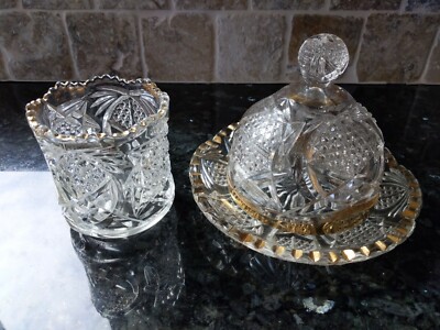 EAPG Domed Butter Dish (Cheese Dip) Gold accent (Large, Heavy) Etched Glass-image