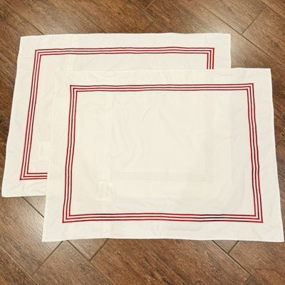 Pottery Barn Cotton Standard White W/ Red Embroidered Border Shams, Set Of 2-image