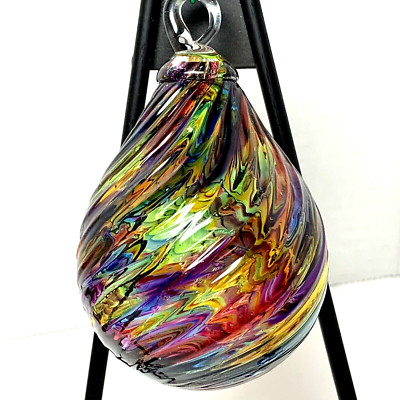 Raindrops Ornament Rainbow Glass by Glass Eye Studio Hand Blown Swirl Colored-image