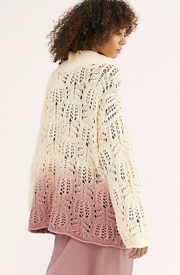 Free People Sweater Ombre Dip Dye Mockneck Open Knit Oversize Pink Ivory XS NWT-image