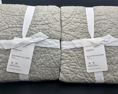 Set 2 Pottery Barn Belgian Linen Floral Stitch Standard Quilted Shams Eucalyptus-image