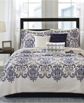 Madison Park Cali Paisley Quilted 6-Pc. Coverlet Set - FULL / QUEEN - Navy Multi-image