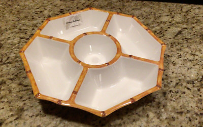 NEW TOMMY BAHAMA MELAMINE  Platter Tray 16” Divided White w/ Faux Bamboo-image