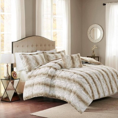 Madison Park Comforter Polyester Animal Print Faux Fur in Sand Full/Queen(4-Pcs)-image