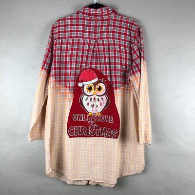 Sonoma Intimates Red Plaid Flannel Dip Bleached Owl Christmas Holiday Sleepshirt-image