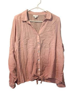 J. Jill Sz L Pink Dip Dye Roll Tab Sleeve Ombré Tie Hem Button Shirt Blouse-image