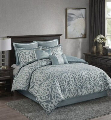 Madison Park Jacquard Queen 8pc Comforter Set Aqua Green Eilot Textured-image