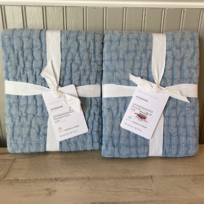 POTTERY BARN STONEWASHED PICK-STITCH STANDARD SHAM SET OF (2)  ~ SKY BLUE-image