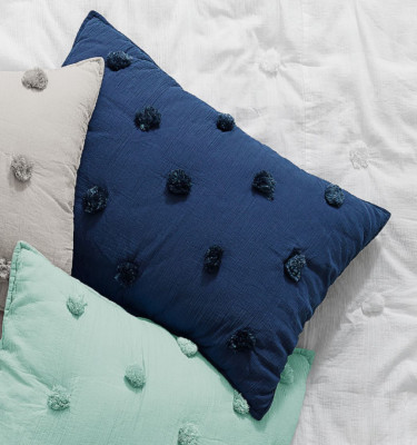 NEW Pottery Barn Teen Crinkle Puff Pom Navy Pillow EURO Sham No Longer Available-image