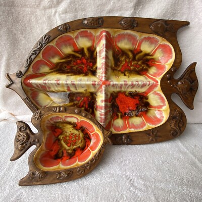 Vintage Serving Tray Ceramic Glass Veggie Dip Bowl USA Red gold Treasure Craft-image