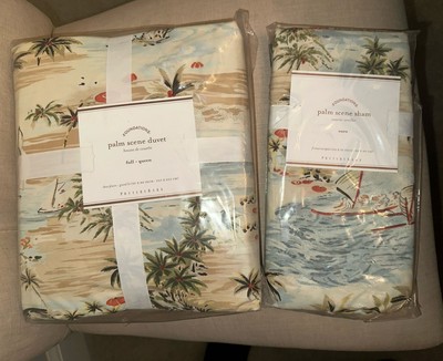 RARE Pottery Barn Palm Scene Duvet Cover Full/ Queen W/ Euro Sham New In Package-image