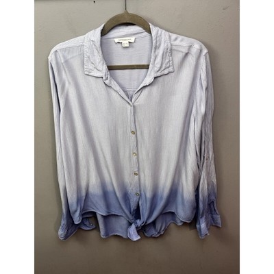 BeachLunchLounge Yumi Dip-Dyed Crinkled Tie-Front Shirt Womens XL Blue-image