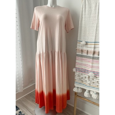 Free People Pink Orange Ombré Dip Dye Short Sleeve Slouchy Maxi Dress Medium-image
