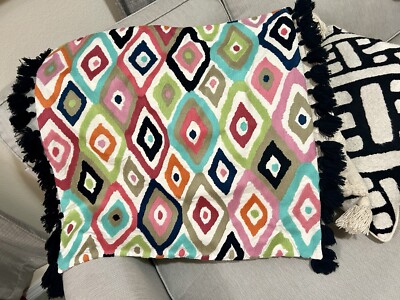 Pottery Barn Teen~Ikat Diamond Multi Colored Pillow Cover with Black Tassels-image