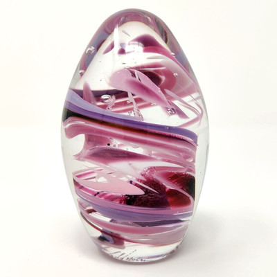 Studio Glass Art Glass Egg Shaped Paperweight Signed Dated 1998 Rose Pink Purple-image