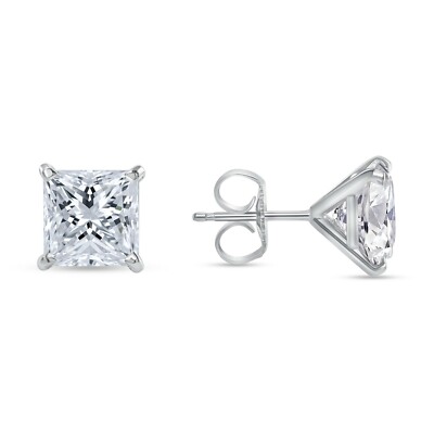 3 Ct Princess Cut Earrings Studs Real Solid 14K White Gold Push Back Martini-image