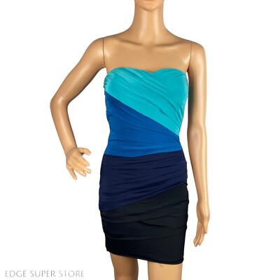 City Studio Teal Blue Black Striped Tiered Club Cocktail Bodycon Dress Size XS-image
