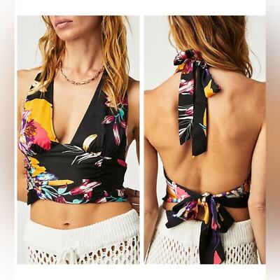 Free People Floral Seraphina Boho vacation Crop halter top large black Combo-image