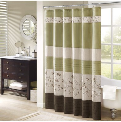 Madison Park Serene Shower Curtain Faux Silk Embroidered Floral Green Brown Tan-image