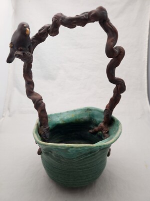 Studio Art Pottery Planter Pottery Handle Shaped Like a Branch and Bird Vintage-image