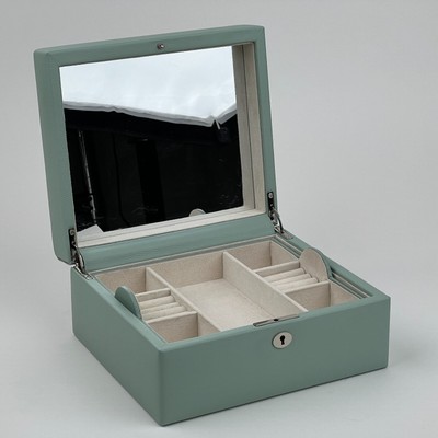 Pottery Barn Mckenna Bonded Leather Jewelry Box Mirror Mint Green Medium W/ Key-image
