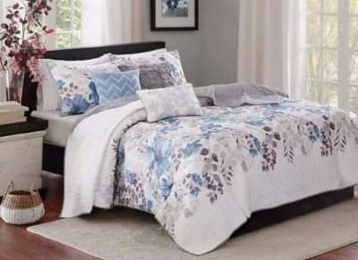 Madison Park Luna 6pc Floral Taupe Reversible Full/ Queen Coverlet Set-image
