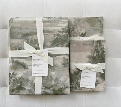 Pottery Barn JARDIN TOILE Duvet Cover Full Queen & Two Standard Shams Green NWT-image