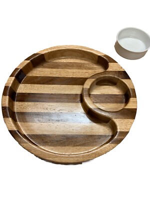 Olive & Thyme Banded Wooden Chip Tray 12” & 4” Dip Bowl Serving Set 2 Pc. Used-image
