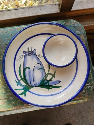 Moonfire Pottery Spoiled Blue Cat Chip And Dip In One Bowl Signed MBP 1997  -image