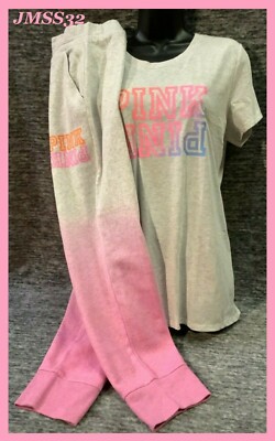 Victoria's Secret Pink Ombre Dip Dye Tee Shirt + Joggers Set Bubblegum L XL NWT-image