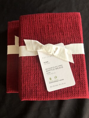 Set/2 Pottery Barn Belgian Flax Linen King Waffle Weave Shams Redberry-image