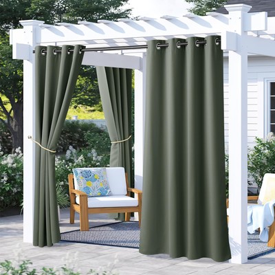 2 Panels Greyish Green Outdoor Curtains for Patio Waterproof, Rustproof Gromm...-image