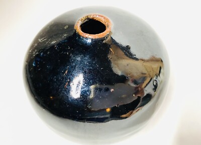 Globe Orb Shaped Studio Pottery Weed Pot Bud Vase Black Clay 3.5 Signed 1976-image