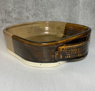 Art Pottery Duotone Brown Matte Brutalist Handled Casserole Dish 9