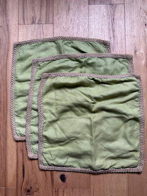 Pottery Barn 20x20 Green Linen Pillow Cover Sham Jute Braid Trim SET 3-image