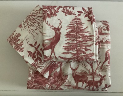 Pottery Barn Red Alpine Toile Queen Duvet (2) Standard Shams Set Deer And Forest-image