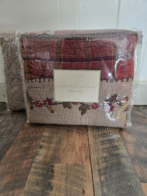 Pottery Barn Madera Sham Euro Brown Plaid Flower Embroidery-image