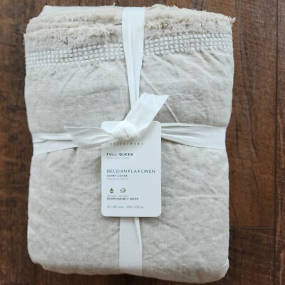 Pottery Barn Belgian Flax Linen Fringed Border Stitch Full Queen  Duvet Cover -image