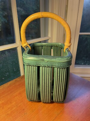 JIM & SHIRL PARMENTIER TEAL GREEN WOVEN STUDIO POTTERY BASKET W/CANE HANDLE-image
