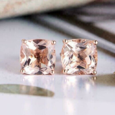 14K Rose Gold Plated Solitaire Morganite 7mm Cushion Cut Women Stud Earrings-image