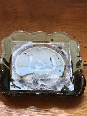 Rustic Cabin Décor Studio Art Pottery Tan & Brown Glazed Shallow Square Tray -image