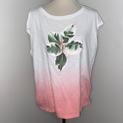 Talbots dip dye pink & white green plant graphic cap sleeve tee shirt size Large-image