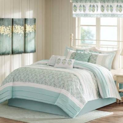 King Comforter Set Madison Park Green White 9 Pc Bedding, 2 Valances- CK $300-image